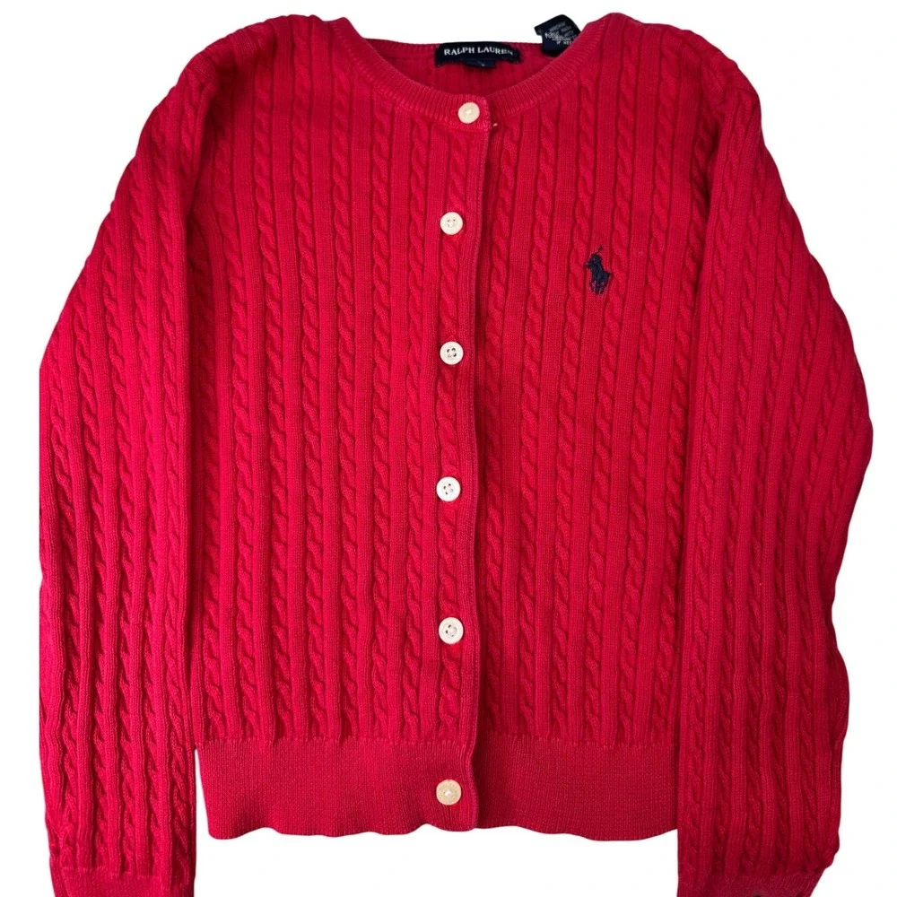 Ralph Lauren Cardigan Kids 4/5 Red Cable Knit Cotton Pony Sweater Preppy Classic